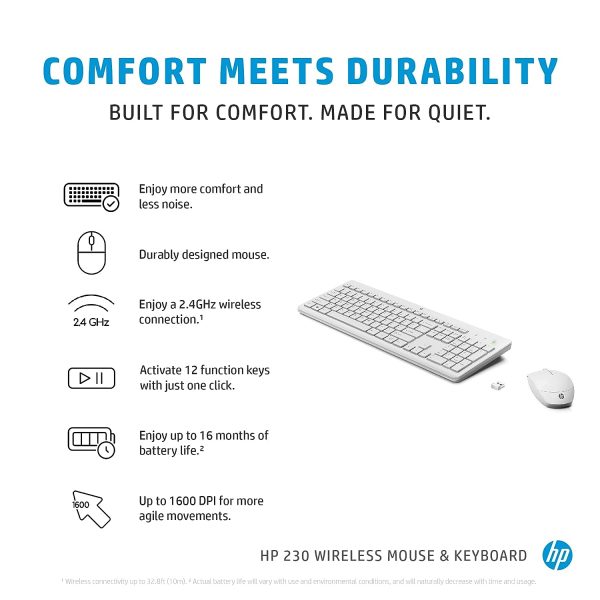 HP 230 Wireless Keyboard and Mouse Combo, 2.4GHz USB dongle, 1600 dpi, Windows PC compatible, Full-size keyboard with numeric pad, 12 Function keys, 1-year warranty, 0.56 kg, White, 3L1F0AA