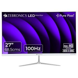 ZEBRONICS 27” (68.5 cm) Bezel-Less LED Monitor, 100Hz Refresh Rate, IPS Display, HDMI, VGA, FHD 1920x1080, 250nits, Built-in Speaker, 16:9 Aspect Ratio, Anti-Glare Screen, 16.7M Colors (SA127, White)