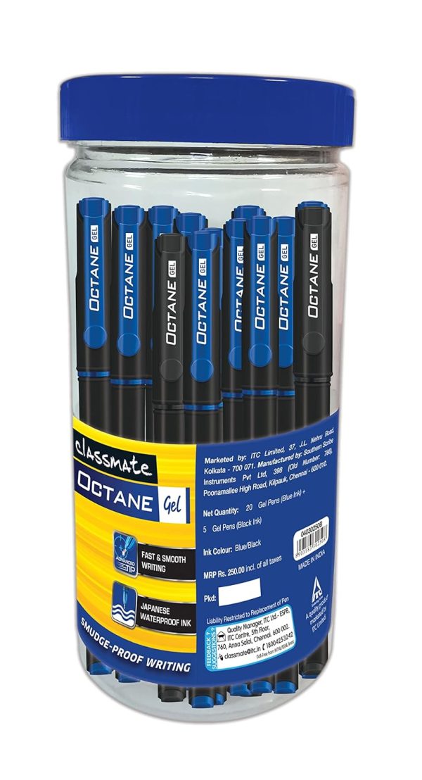 Classmate Octane- Blue and Black Gel Pens (Pack of 25)|Smooth Writing Pens|Water-Proof Ink for Smudge-Free writing|Preferred by Students for Exam & Class Notes|Study at Home Essentials