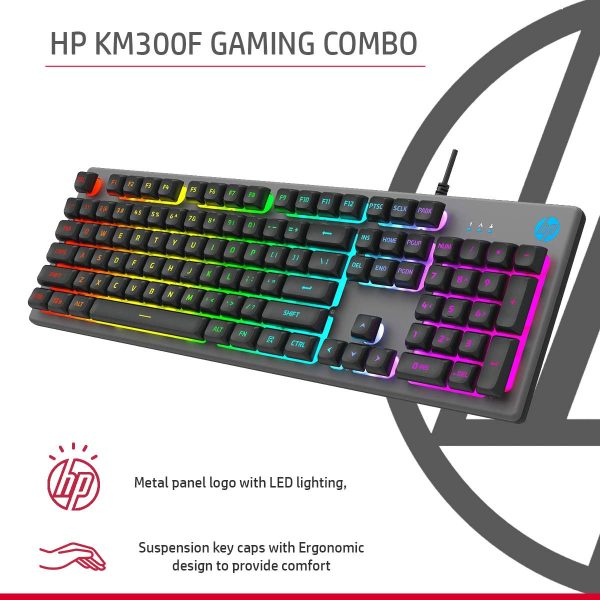 HP KM300F Wired USB Gaming Keyboard and Mouse Set, Membrane Backlit, 26 Keys Anti-Ghosting, 3 LED Indicators & 3D 6K USB Mouse with 6400DPI,Six-Speed Cyclic Resolution Switching, Black