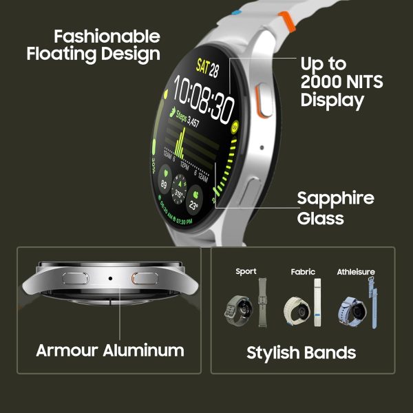 Samsung Galaxy Watch 7 (44mm, Silver, BT+LTE) with 3nm Processor | Dual GPS | Sapphire Glass & Armour Aluminum | 5ATM & IP68 | HR, SpO2, BP & ECG Monitor