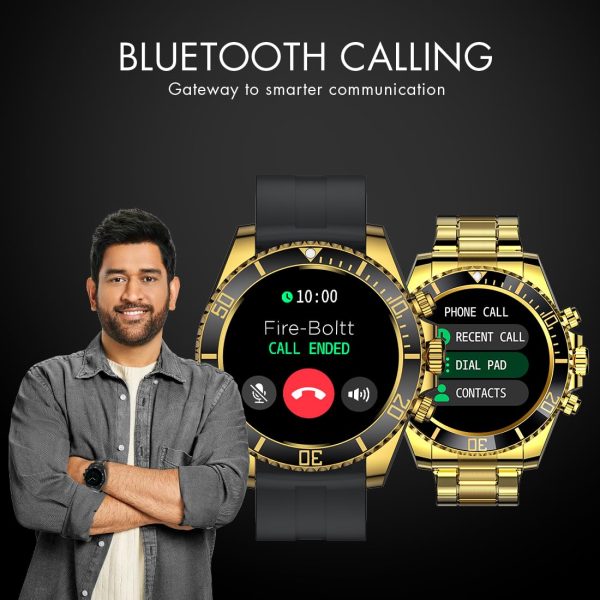 Fire-Boltt Avalanche Stainless Steel Smart Watch with Free Silicone Strap, 2 Watch Looks - Sporty & Fomal, Bluetooth Calling with 1.28” HD Display, 2 Button Pushers (Gold Black)