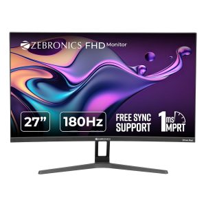 Zebronics 27 inch Curved (1500R) 180Hz Gaming Monitor with FHD 1080p, Free sync support, HDMI, DP, 300 Nits max, 16.7M colors, Built-in speakers and Bezel less design ZEB-S27B