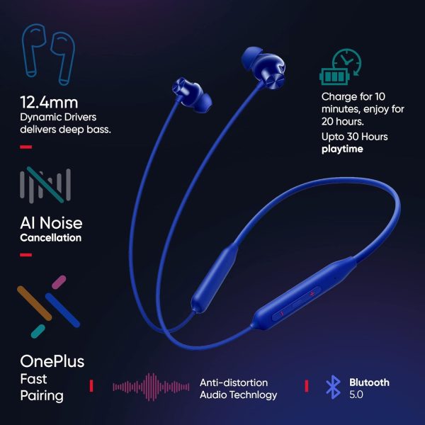 OnePlus Bullets Z2 Bluetooth Wireless in Ear Earphones with Mic, Bombastic Bass - 12.4 Mm Drivers, 10 Mins Charge - 20 Hrs Music, 30 Hrs Battery Life (Beam Blue)