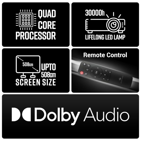 ZEBRONICS PIXAPLAY 16 Dolby Smart LED Projector, 4000 Lumens, 4K Support, 200 Inch Screen Size, USB, HDMI, AV, AUX, WIFI, 1080p Native, Supports Bluetooth, APP Support, Miracast, Airplay