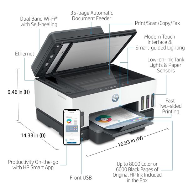 About this item 【All-in-One printer】Streamline your workflow with this all-in-one - print, copy, scan, fax HP Smart Tank printer that elevates your projects with vivid color prints and dependable flatbed scanning. 【Seamless connectivity】Minimize hassles by relying on swift connections with dual-band Wi-Fi, Bluetooth LE, and Hi-Speed USB 2.0 for smooth, reliable, and efficient printing. 【Quality prints】The compatible HP 32 90-ml Black Bottle, HP 32XL 135-ml Black Bottle and HP 31 70-ml Cyan/Magenta/Yellow Original Ink Bottle ensure that your documents always stand out. 【Warranty and support】Get 1-year technical support, up to two years or 50,000 pages limited hardware warranty and print with peace of mind. Reach out to our 12x7 voice support or 24x7 chat support for quick assistance. 【Fast printing】Maximize your productivity with fast print speeds up to 15/9 ppm (black/color) and stay ahead of your workload with 35-sheet automatic document feeder and auto duplex printing. 【Input and output】Say goodbye to limitations with A4, A5, A6, B5 (JIS), various envelopes, and card standard media size compatibility, up to 250-sheet input and 100-sheet output capacity. 【Easy-to-use interface】Simplify your printing or scanning jobs and save your time with a 3-inch touchscreen MGD (Mono Graphics Display), and touch buttons (cancel, Help, Back). 【Compatible OS】Be more productive and print with any device, whether at your office space or home, with Windows 11/10/7 and macOS 10.14/10.15/11 compatibility. 【6000-page duty cycle】Enjoy consistency in printing with a 6000-page duty cycle, which allows you to complete your tasks more efficiently, making it ideal for families and other home users.