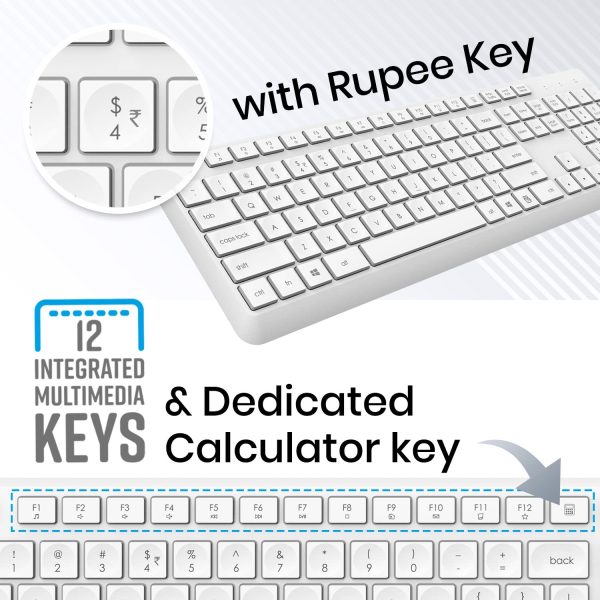 Zebronics COMPANION 200 Wireless combo with Silent operation mouse, Full size Keyboard, 1600 DPI, Integrated Multimedia, ON/OFF, Power saving mode, 2.4GHz Nano receiver and Plug play usage (White)