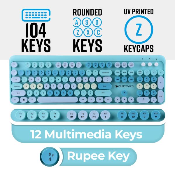 ZEBRONICS Companion 301 2.4GHz wireless keyboard & mouse combo with UV Printed, Retro style keys, 104 + 12 Integrated Multimedia Keys, 1600 DPI, High Precision (Aqua Green)