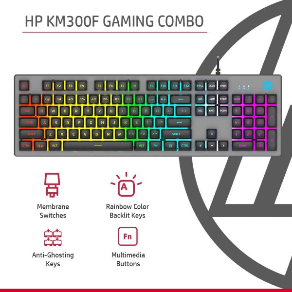 HP KM300F Wired USB Gaming Keyboard and Mouse Set, Membrane Backlit, 26 Keys Anti-Ghosting, 3 LED Indicators & 3D 6K USB Mouse with 6400DPI,Six-Speed Cyclic Resolution Switching, Black