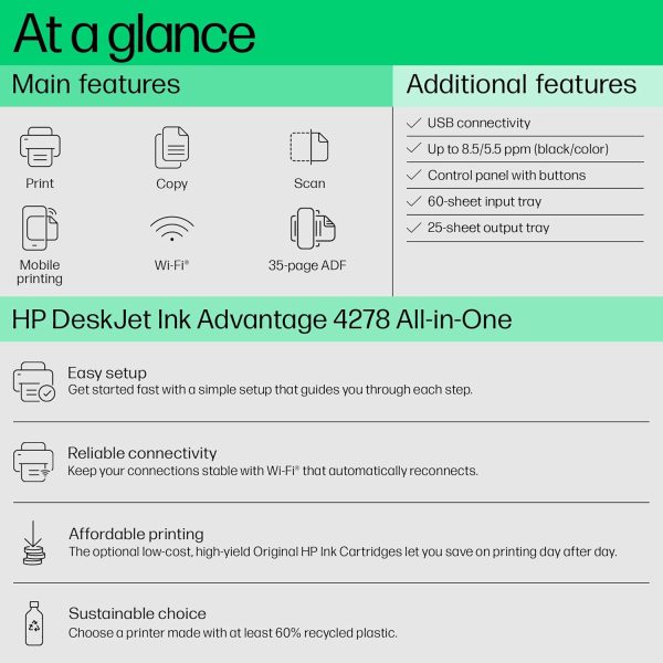 HP Ink Advantage 4278 Printer, Automatic Document Feeder (ADF), Print, Copy, Scan,WiFi,Bluetooth, USB, Simple Setup Smart App, Ideal for Home.