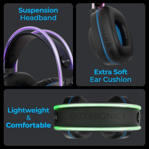 Zebronics Jet PRO Premium Wired Gaming On Ear Headphone with LED for Headband + earcups, 40mm Neodymium Drivers, 2 Meter Braided Cable, with mic, Suspension Design, 3.5mm + USB Connector (Black, Blue)