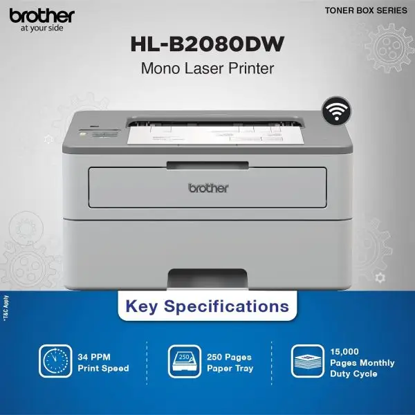 Roll over image to zoom in Brother HL-B2080DW Automatic Duplex Laser Printer with 34 Pages Per Minute Print Speed, 64 MB Memory, Large 250 Sheet Paper Tray, (WIFI, WIFI Direct, LAN & USB) Connectivity, Free Installation