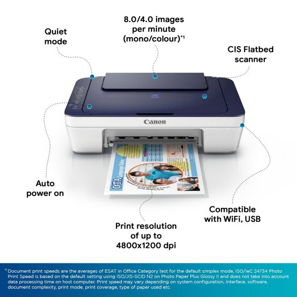 Canon PIXMA E477 All in One (Print, Scan, Copy) WiFi Ink Efficient Colour Printer for Home/Student