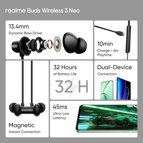 realme Buds Wireless 3 Neo in Ear Bluetooth Neckband with 13.4 Mm Dynamic Bass Boost Driver,Upto 32 Hours Playback,Fast Charge,Ai Enc,45Ms Low Latency,Ip55 Dust&Water Resistannt&Bluetooth V 5.4 Black