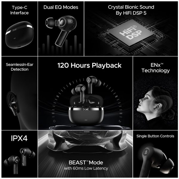 boAt Nirvana Ion in-Ear Earbuds w/ 120 HRS Playback(24hrs/Charge), Crystal Bionic Sound w/Dual EQ Modes, Quad Mics ENx™ Technology, in Ear Detection(Charcoal Black)