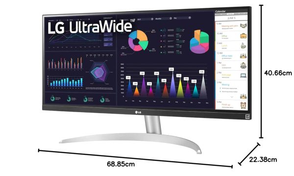 LG UltraWide 29 inch (73 cm) IPS FHD, 2560x1080 pixels, Color Calibrated, 100Hz, 7W x 2 Inbuilt Speaker, USB-C, Display Port, HDMI, White Color-29WQ600