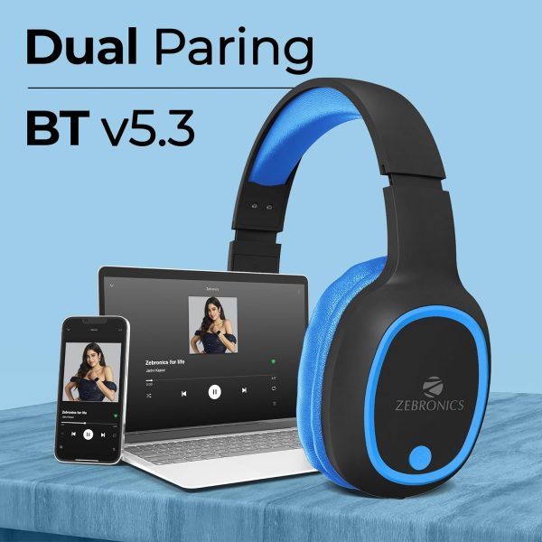 ZEBRONICS Thunder Bluetooth 5.3 Wireless Over ear Headphones with 60H Backup, Gaming Mode, Dual Pairing, ENC, AUX, Micro SD, Voice Assistant, Comfortable Earcups, Call Function (Blue)