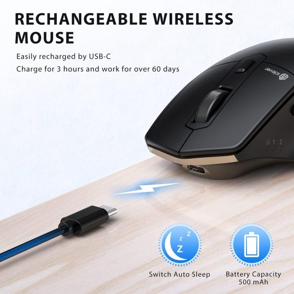 iClever Bluetooth Mouse MD172, Wireless Mouse Dual Mode(Bluetooth+USB), Multi-Devices Ergonomic Mouse with 5 Adjustable DPI and 7 Buttons, Rechargeable Silent Mice for Laptop/iPad/MacBook/Tablet/PC