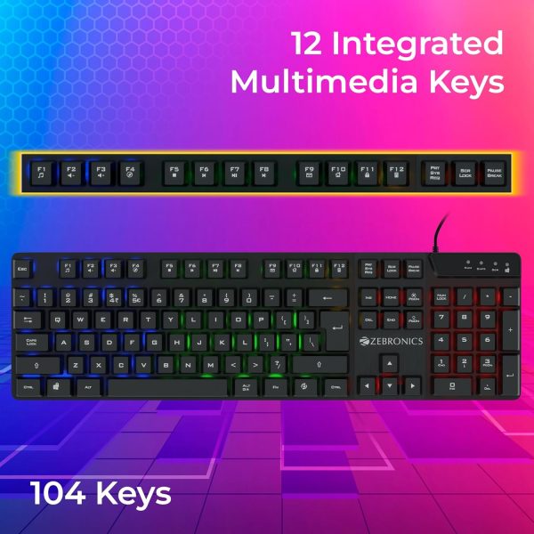 Zebronics War-K Gaming Keyboard with 104 Keys,Multi Color LED,1.8m Braided Cable, Gold Plated USB,Laser Keycaps, Anti-Ghosting 19 Keys,2 Step Stand,12 Integrated Multimedia Keys (Black)