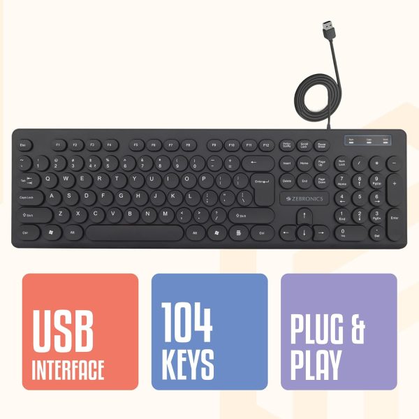 ZEBRONICS K24 USB Keyboard with Long Life 8 Million Keystrokes, Silent & Comfortable Use, Slim Design, Retractable Stand, 1.3 Meter Textured Cable, Chiclet Keys and Uv Coated Keycaps