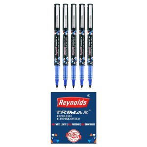 Reynolds TRIMAX RollerBall Pen SET - 5 PENS BLUE | ROLLER BALL PEN FOR WRITING | PEN FOR STUDENTS & OFFICE STATIONERY | 0.5 mm TIP SIZE