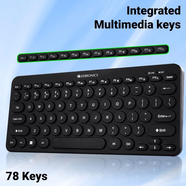 ZEBRONICS K4000MW Wireless Keyboard with 2 Bluetooth & 2.4 GHz Wireless Connection,78 Keys, Integrated Multimedia Keys,Minimalist Design,Compatible with Laptop/Desktop/Tablet/Smartphone