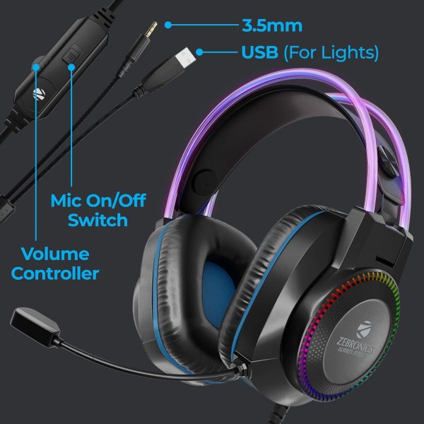 Zebronics Jet PRO Premium Wired Gaming On Ear Headphone with LED for Headband + earcups, 40mm Neodymium Drivers, 2 Meter Braided Cable, with mic, Suspension Design, 3.5mm + USB Connector (Black, Blue)