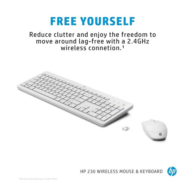 HP 230 Wireless Keyboard and Mouse Combo, 2.4GHz USB dongle, 1600 dpi, Windows PC compatible, Full-size keyboard with numeric pad, 12 Function keys, 1-year warranty, 0.56 kg, White, 3L1F0AA