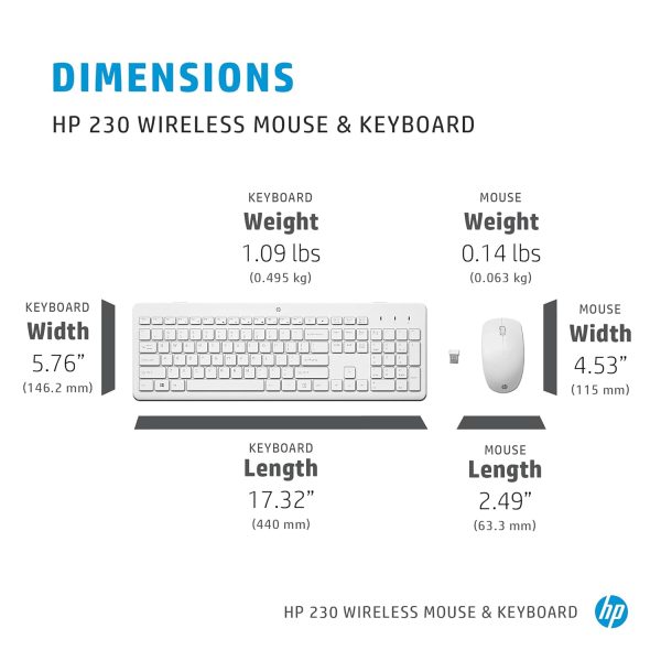 HP 230 Wireless Keyboard and Mouse Combo, 2.4GHz USB dongle, 1600 dpi, Windows PC compatible, Full-size keyboard with numeric pad, 12 Function keys, 1-year warranty, 0.56 kg, White, 3L1F0AA