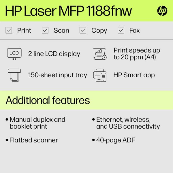 HP Laser MFP 1188fnw, Wireless, Print, Copy, Scan, Fax, 40-Sheet ADF, Hi-Speed USB 2.0, Ethernet, Up to 21 ppm, 150-sheet Input Tray, 100-sheet Output Tray, Black and White