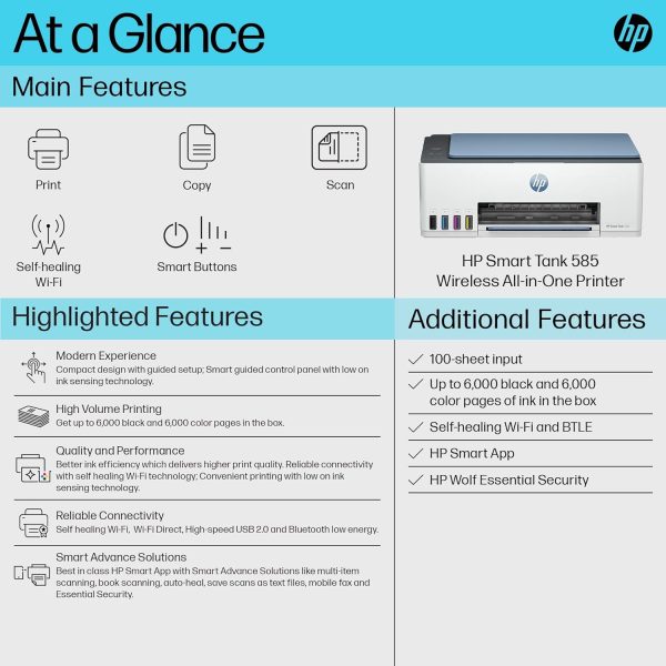 HP Smart Tank 585 All-in-one WiFi Colour Printer (Upto 6000 Black and 6000 Colour Pages Included in The Box). - Print, Scan & Copy for Office/Home