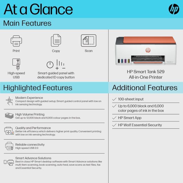 HP Smart Tank 529 AIO Colour Printer (Upto 6000 Black & 6000 Colour pages included in The box)- Print, Scan & Copy for Office/Home