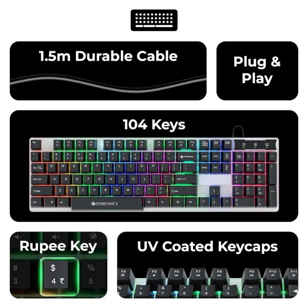 ZEBRONICS USB New Launch Trion Gaming Keyboard & Mouse Gaming Combo, 104 Keys Backlit, Translucent Material, Multi Color LED, Multi DPI Modes, High Precision Key