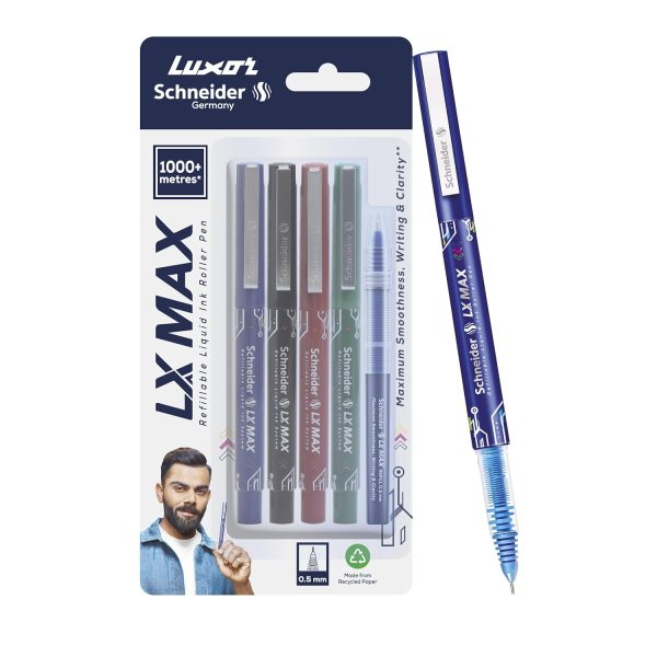 Luxor Schneider, LX MAX roller ball pen, Pack of 4-Assorted+1 Refill, Needle Tip, 0.5mm, 100% German Technology, 1000+ mtrs writing length, Waterproof Ink, Ideal for Students & Professionals