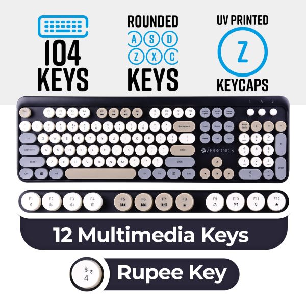 ZEBRONICS Companion 301 2.4GHz wireless keyboard & mouse combo with UV Printed, Retro style keys, 104 + 12 Integrated Multimedia Keys, 1600 DPI, High Precision (Black + Grey)