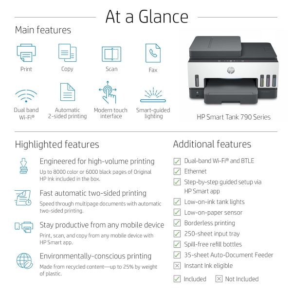 About this item 【All-in-One printer】Streamline your workflow with this all-in-one - print, copy, scan, fax HP Smart Tank printer that elevates your projects with vivid color prints and dependable flatbed scanning. 【Seamless connectivity】Minimize hassles by relying on swift connections with dual-band Wi-Fi, Bluetooth LE, and Hi-Speed USB 2.0 for smooth, reliable, and efficient printing. 【Quality prints】The compatible HP 32 90-ml Black Bottle, HP 32XL 135-ml Black Bottle and HP 31 70-ml Cyan/Magenta/Yellow Original Ink Bottle ensure that your documents always stand out. 【Warranty and support】Get 1-year technical support, up to two years or 50,000 pages limited hardware warranty and print with peace of mind. Reach out to our 12x7 voice support or 24x7 chat support for quick assistance. 【Fast printing】Maximize your productivity with fast print speeds up to 15/9 ppm (black/color) and stay ahead of your workload with 35-sheet automatic document feeder and auto duplex printing. 【Input and output】Say goodbye to limitations with A4, A5, A6, B5 (JIS), various envelopes, and card standard media size compatibility, up to 250-sheet input and 100-sheet output capacity. 【Easy-to-use interface】Simplify your printing or scanning jobs and save your time with a 3-inch touchscreen MGD (Mono Graphics Display), and touch buttons (cancel, Help, Back). 【Compatible OS】Be more productive and print with any device, whether at your office space or home, with Windows 11/10/7 and macOS 10.14/10.15/11 compatibility. 【6000-page duty cycle】Enjoy consistency in printing with a 6000-page duty cycle, which allows you to complete your tasks more efficiently, making it ideal for families and other home users.