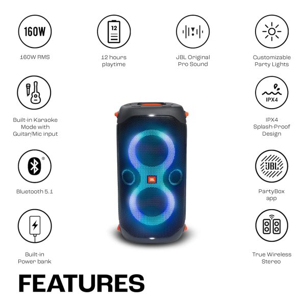 JBL Partybox 110 | Wireless Bluetooth Party Speaker| 160W Monstrous Pro Sound| Dynamic Light Show| Upto 12Hrs Playtime | Built-in Powerbank | Guitar & Mic support PartyBox App (Black)