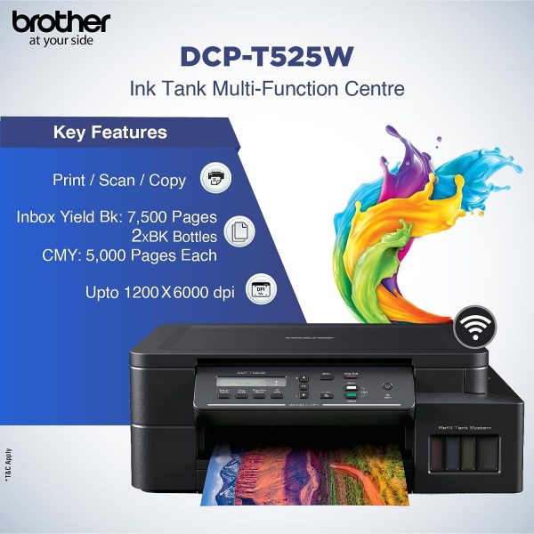 Brother DCP-T525W (Print Scan Copy) WIFI Ink Tank Printer, 128 MB Memory, Print Up to 15K Pages in Black and 5K in Color Each for (CMY), Get an Extra Black Ink Bottle, Free Installation