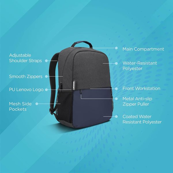 Lenovo 15.6" (39.62cm) Slim Everyday Backpack, Made in India, Compact, Water-resistant, Organized storage:Laptop sleeve,tablet pocket,front workstation,2-side pockets,Padded adjustable shoulder straps