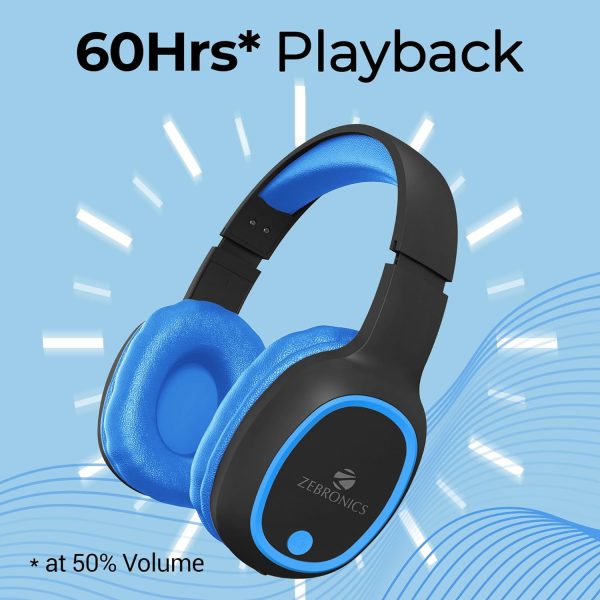 ZEBRONICS Thunder Bluetooth 5.3 Wireless Over ear Headphones with 60H Backup, Gaming Mode, Dual Pairing, ENC, AUX, Micro SD, Voice Assistant, Comfortable Earcups, Call Function (Blue)