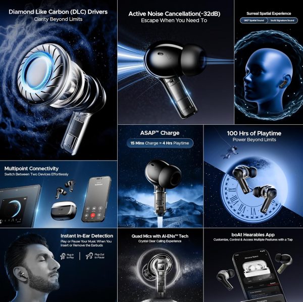 boAt Newly Launched Nirvana Space TWS in Ear Earbuds w/ 360º Spatial Audio, ANC Up to 32dB, 100hrs Playback, 4 Mics with AI-ENx™, Adaptive EQ, in-Ear Detection, DLC Drivers & Fast Pair(Cosmic Black)