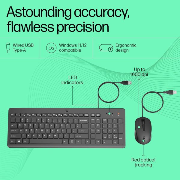 HP 150 Wired Keyboard and Mouse Combo with Instant USB Plug-and-Play Setup, 12 Shortcut Keys, 6° Adjustable Slope Keyboard and 1600 DPI Optical Sensor Mouse (3-Years Warranty, 240J7AA)