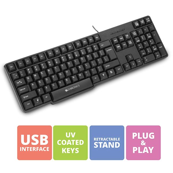 ZEBRONICS USB Keyboard with Rupee Key, USB Interface and Retractable stand - K20