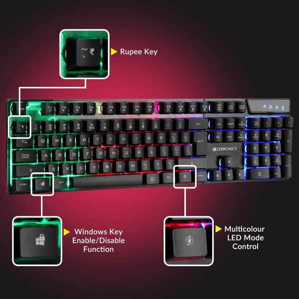 Zebronics War Gaming Keyboard and Mouse Combo,Gold Plated USB, Braided Cable,Multicolour LEDs/Gaming Mouse with breathing LEDs and 3200 DPI