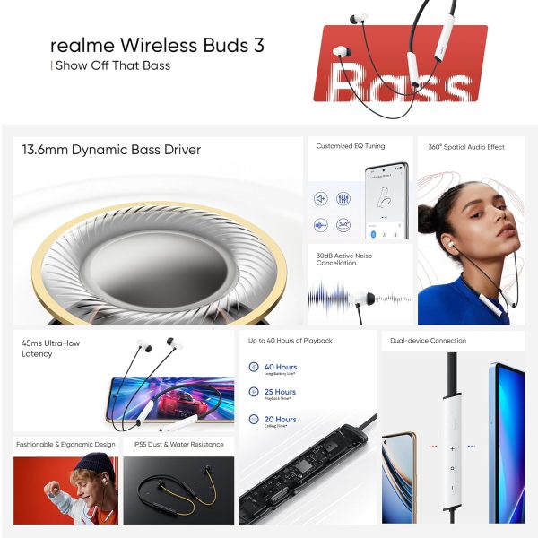 Realme Buds Wireless 3 in-Ear Bluetooth Headphones,30dB ANC,Spatial Audio,13.6mm Dynamic Bass Driver,Upto 40 HrsPlayback,Fast Charging,45ms Low Latency for Gaming,Dual Device Connection-Vitality White