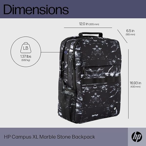 HP Campus XL Marble Stone Backpack,16-inch laptop compartment,Hand wash and air dry, Water resistant, 20L capacity,extra-padded floating laptop pocket,Lockable zipper,7J592AA