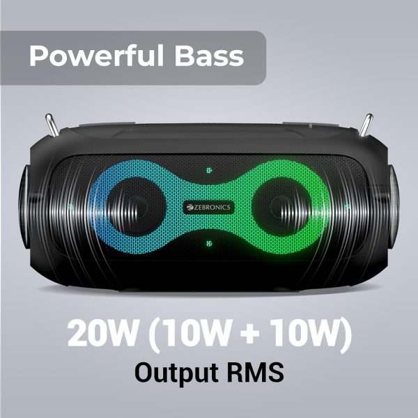 Zebronics Music Bomb X Pro 20W output, Portable wireless speaker with Bluetooth 5.1, 22h Backup, TWS, USB, mSD, AUX, FM, Call Function and RGB LED lights