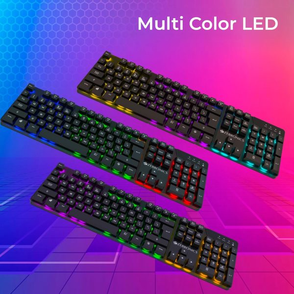 Zebronics War-K Gaming Keyboard with 104 Keys,Multi Color LED,1.8m Braided Cable, Gold Plated USB,Laser Keycaps, Anti-Ghosting 19 Keys,2 Step Stand,12 Integrated Multimedia Keys (Black)