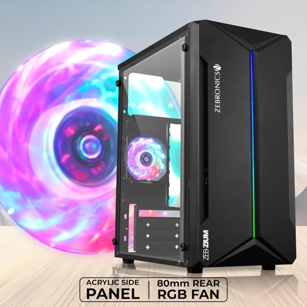 ZEBRONICS ZIUM Mid-Tower Gaming Cabinet, M-ATX/M-Itx, Fins Focussed Multicolor Rear Fan, Multi Color Led Strip, Acrylic Glass Side Panel, USB 3.0, USB 2.0