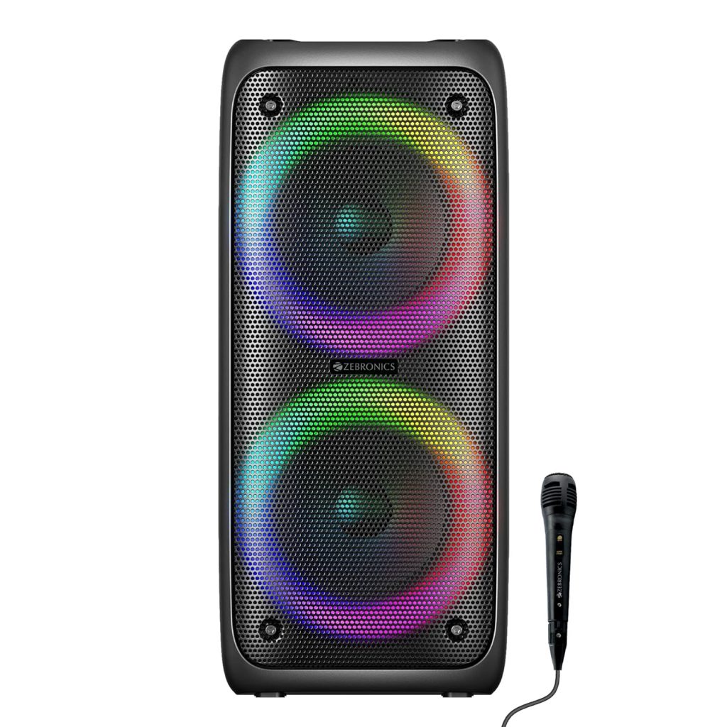 ZEBRONICS BARREL 200 Bluetooth 5.0 portable speaker with 40W RMS, TWS, Wired Mic, Karaoke, RGB Lights, Mobile holder, Dual 6.5" drivers, Carry handle and Built-in rechargeable battery
